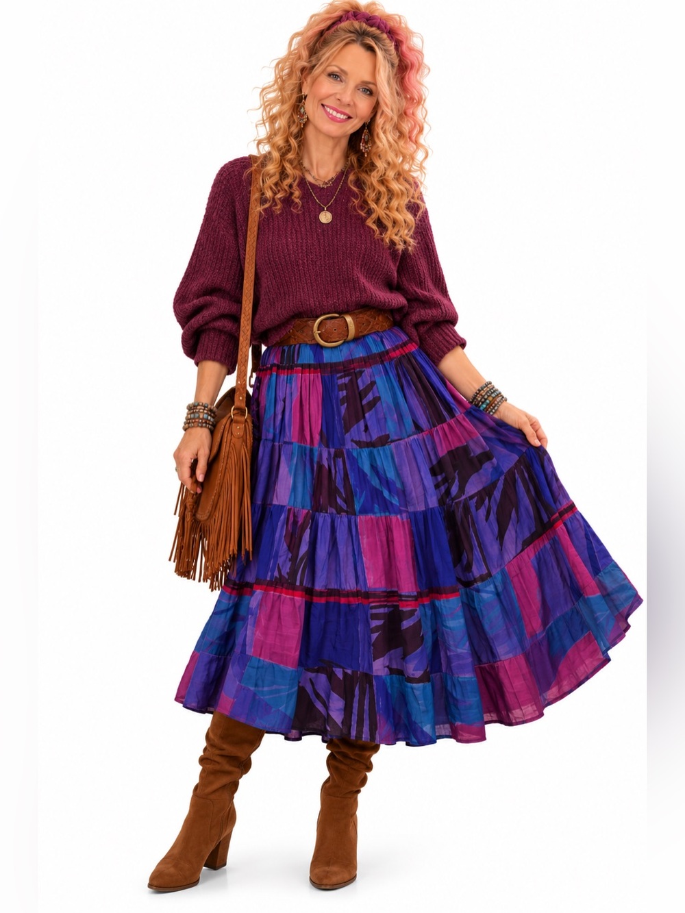Vintage 80s Sportlight Abstract Pleated Midi Skirt Purple Blue Size M 8/10